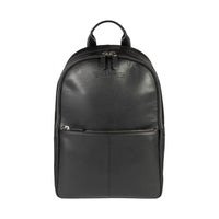 Close-up of textured black leather detail on backpack surface