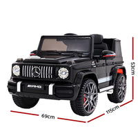 Side angle of black Mercedes-Benz AMG G63 kids electric ride on car showing door and wheels