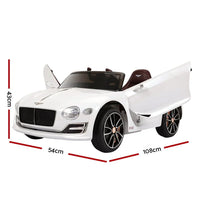 Side profile of white electric ride on car showing detailed wheels and premium glossy finish.