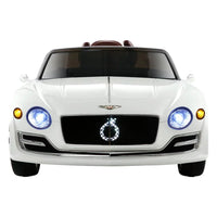 Close-up on the white ride on car’s front grille and Bentley logo with sleek design accents.