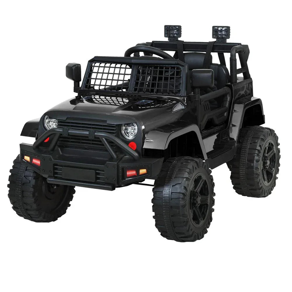 Black kids electric ride-on jeep car angled front view with realistic headlights and grill