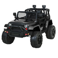Black kids electric ride-on jeep car angled front view with realistic headlights and grill