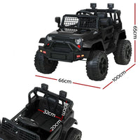 Side view of black kids electric ride-on jeep with large tires and open door
