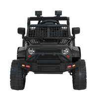 Rear side view of black electric kids ride-on jeep showing taillights and rear bumper