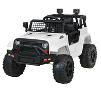 White and black kids ride on jeep toy car with realistic off-road design, front view.