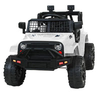 Kids electric ride on jeep in white, showcasing battery compartment and seating.