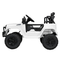 Close-up of steering wheel and dashboard of white kids ride on electric jeep.