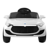 Side view of white Rigo kids' ride on car highlighting wheels and body design.