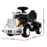 Side view of black children’s ride-on electric truck with realistic design and wheel details.