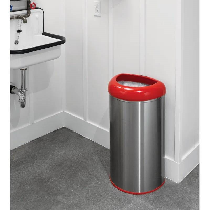 13-Gallon Stainless Steel Trash Can with Red Open Top