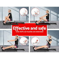 Rear view of Everfit Rowing Machine highlighting the steel glide rail and oil cylinder resistance system.