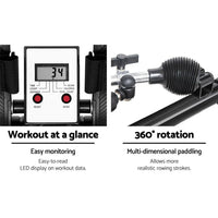 Top angle of Everfit Rowing Exercise Machine showing black molded seat and ergonomic handle.