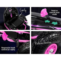 Red pedal go kart highlighting shock absorption tyres and braking system.