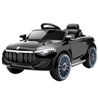 Black kids electric ride-on car inspired by Maserati with remote control and LED lights.