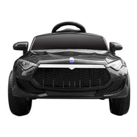 Side angle of black electric ride-on car showcasing detailed body design and wheels.