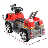 Front angled view of red and grey ride-on fire truck motorbike toy for kids on white background.
