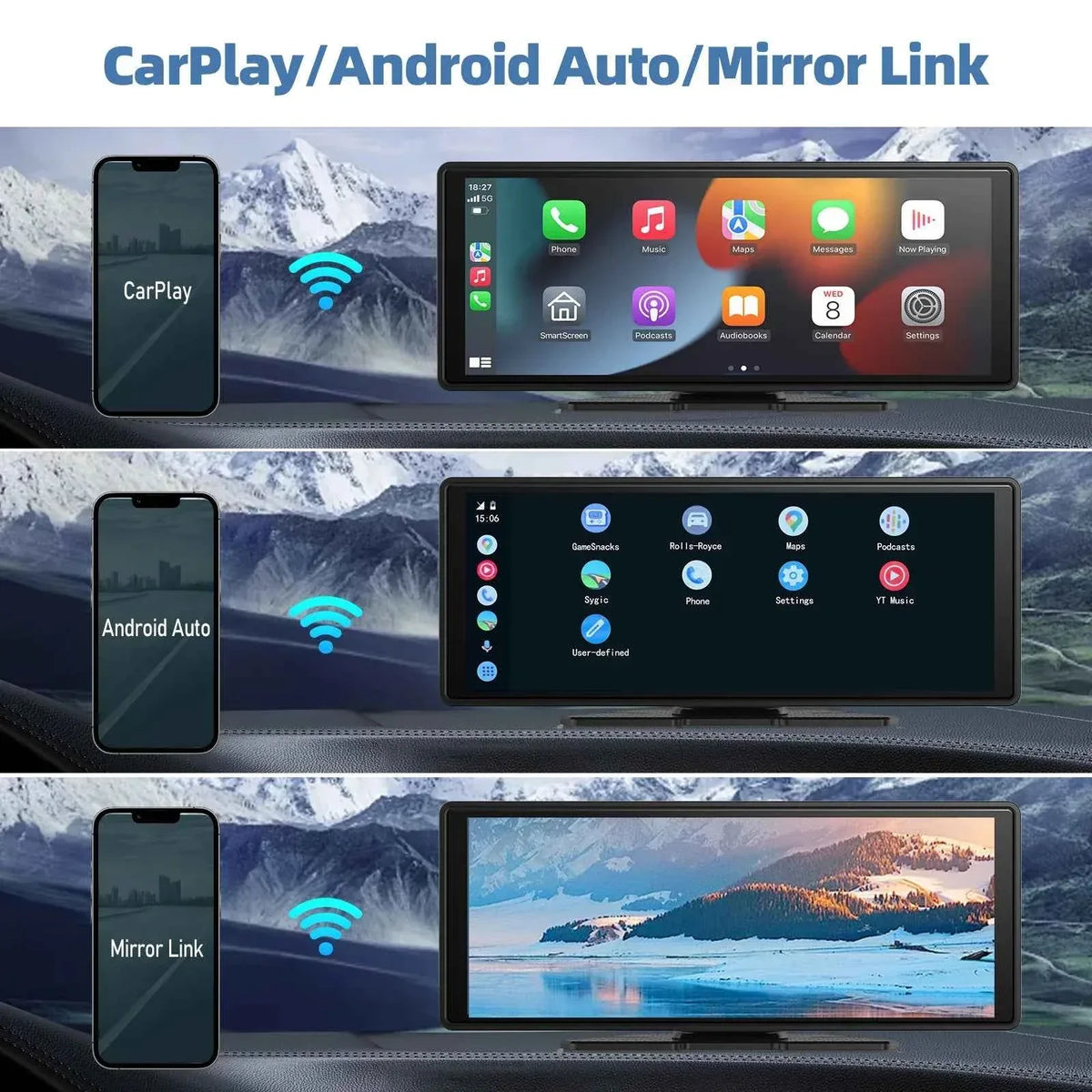 10.26-inch portable car stereo with HD touchscreen, mounted on a car dashboard, wires and brackets visible.