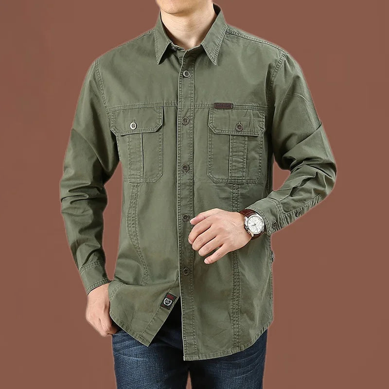 Cargo Shirt Men Long Sleeve Casual Cotton Shirts | Ships from US