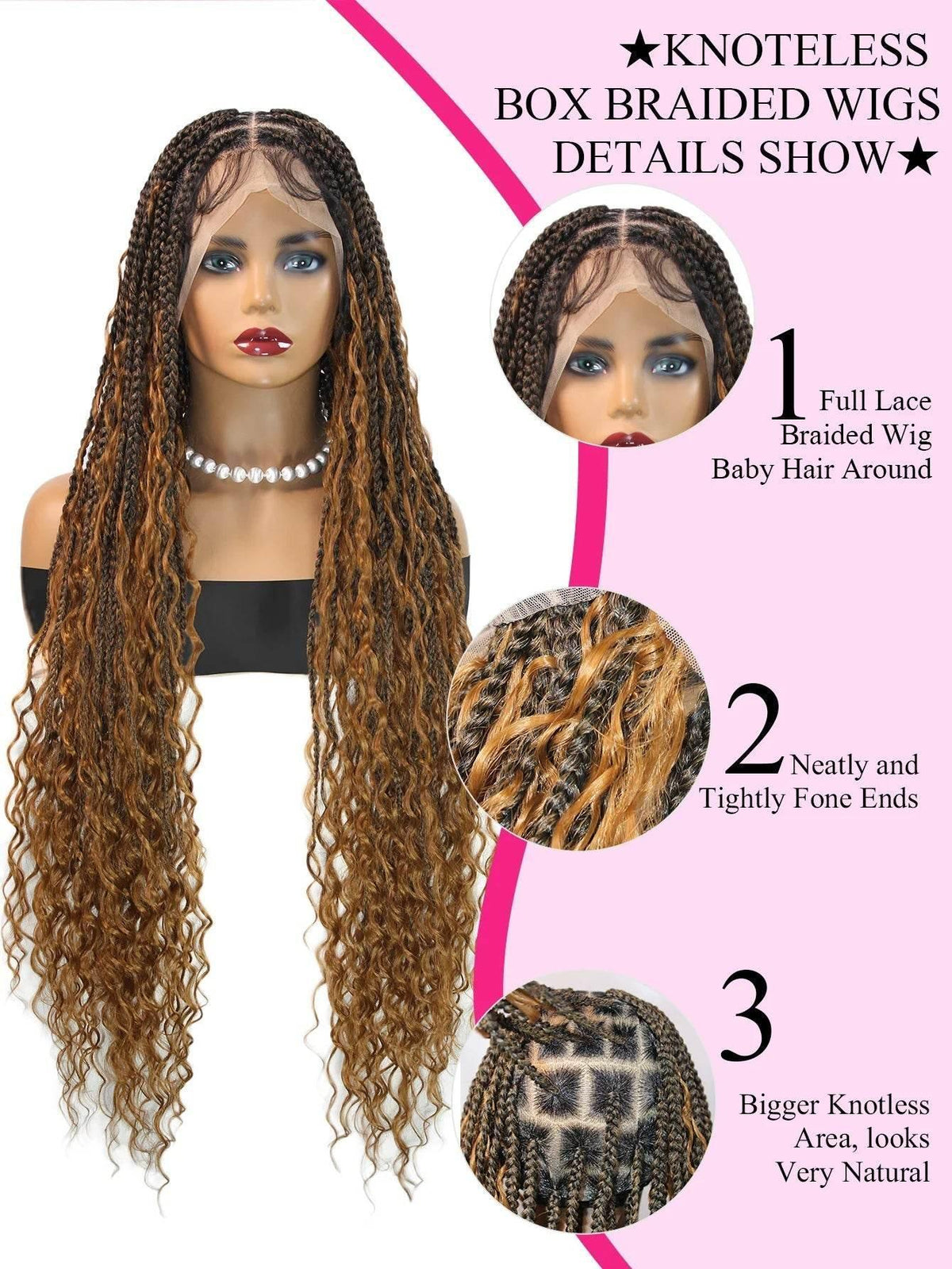 Back view of long box braided wig showing curly ombre blonde hair and realistic hairline with baby hair