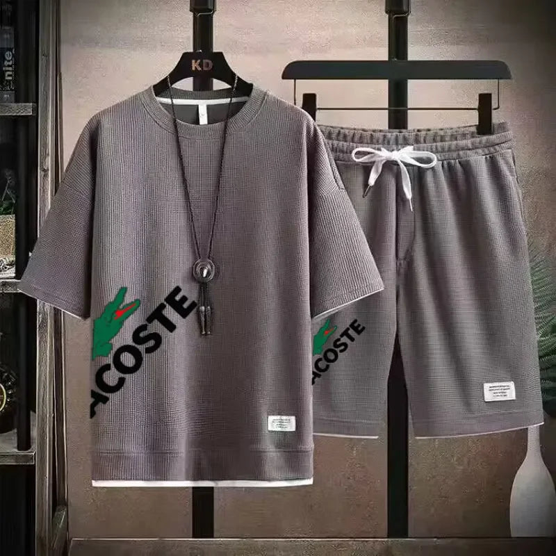 2025 Waffle pattern 2-piece set, men's shorts set, sum | Ships from US