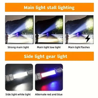 LED flashlight with COB lights and flashlight beam lighting a dark floor with clear brightness.