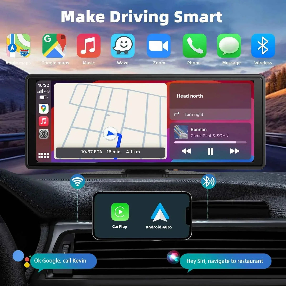 A portable 10.26-inch touchscreen car stereo mounted on a dashboard with a backup camera attached.
