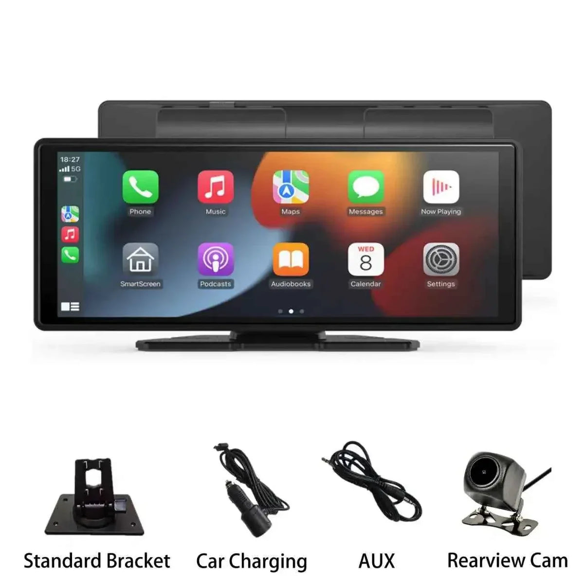 A portable 10.26-inch car stereo with HD touchscreen mounted on a car dashboard, showing colorful icons.