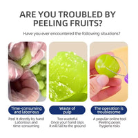 Powered grape peeler device peeling grapes placed inside on a kitchen surface.