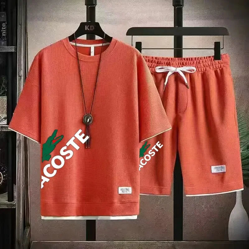 2025 Waffle pattern 2-piece set, men's shorts set, sum | Ships from US