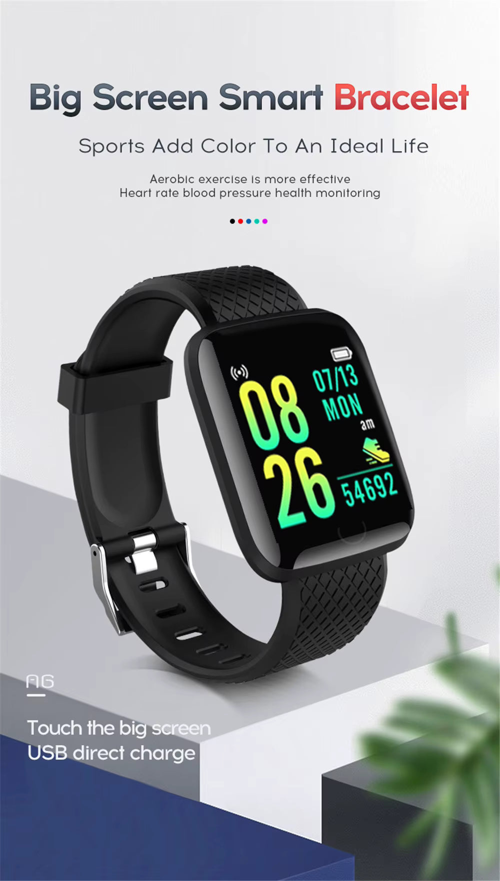 Smart Watch Sport Fitness Bracelet Control Music Message Display Pedometer Bluetooth Connect Smartwatch 116 Alarm Clock Weather