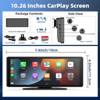 A portable 10.26-inch touchscreen car stereo displays colorful icons on a dashboard mount inside a vehicle.