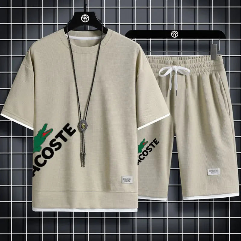 2025 Waffle pattern 2-piece set, men's shorts set, sum | Ships from US