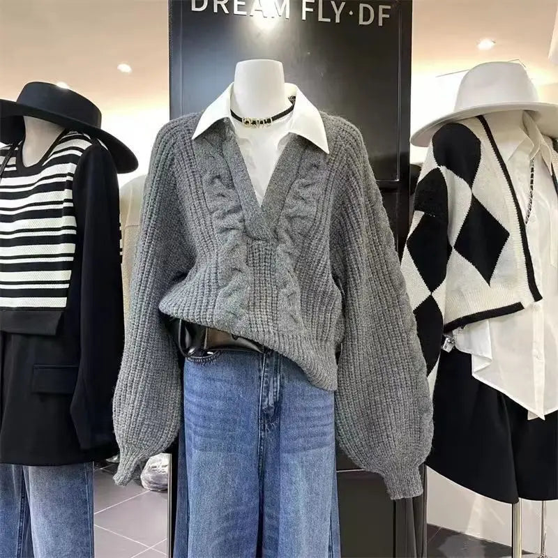 Japanese Lazy Retro Design with Fake Two Sweaters
