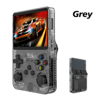 R36S handheld console placed on table with classic game screen illuminated