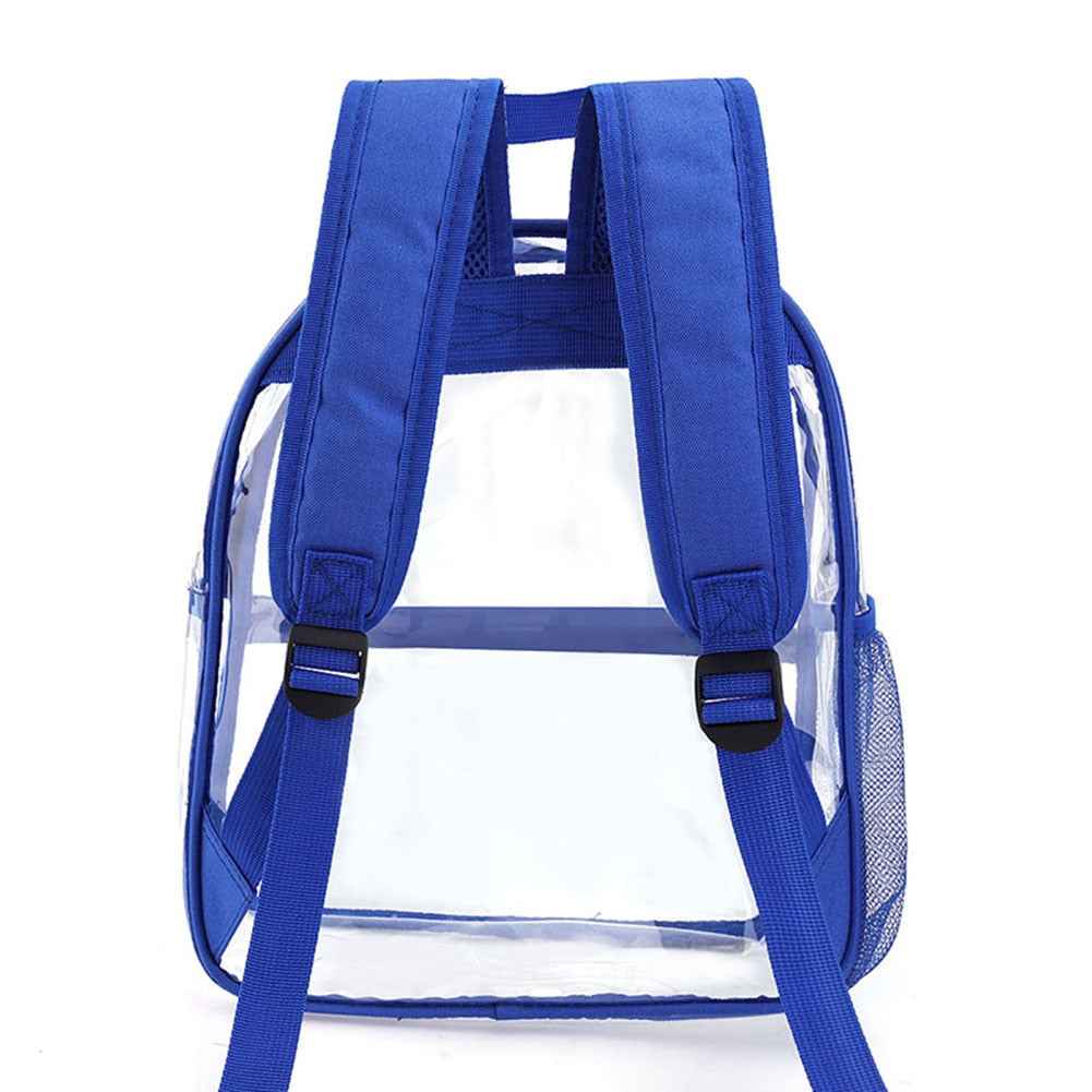 Transparent backpack held by hand, displaying its lightweight and stadium-approved design.