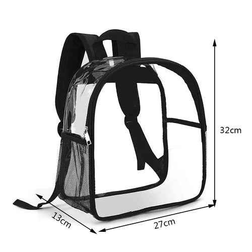 Transparent mini backpack laid on flat surface showing its solid clear design and shape.