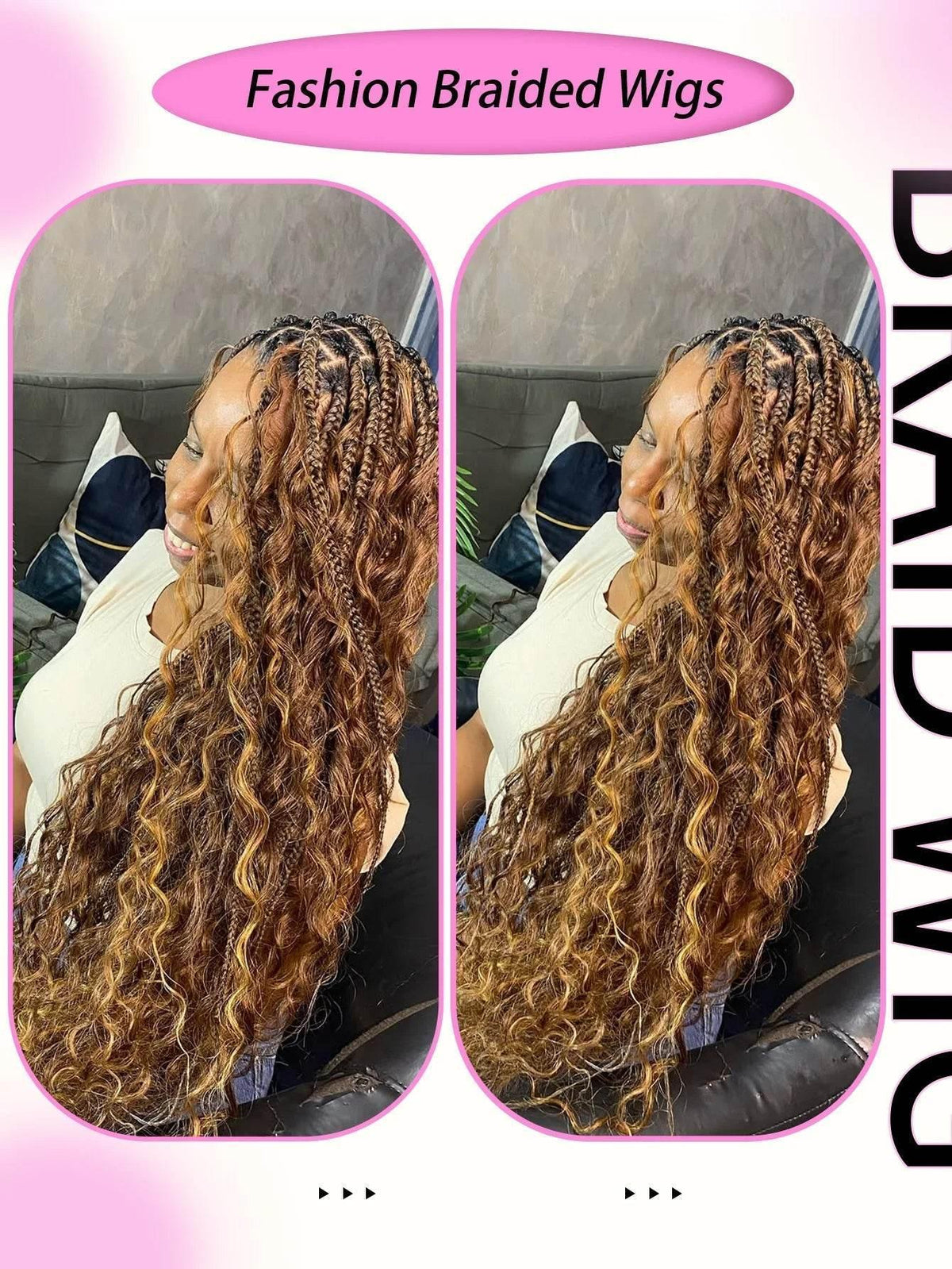Synthetic braided wig displayed on mannequin with curled ombre blonde ends and full lace base