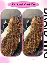 Synthetic braided wig displayed on mannequin with curled ombre blonde ends and full lace base