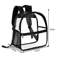 Back view of clear plastic mini backpack with soft handles and zipper closure details.
