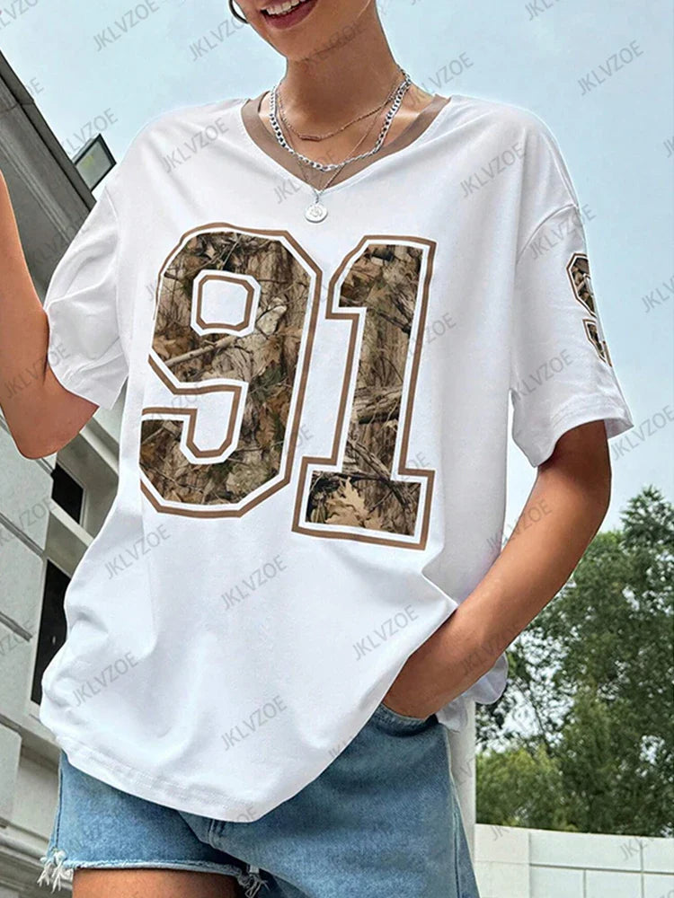 2025 Summer New Retro No.91 Printed T-Shirt For Women V-Neck Short Sleeve Sports Football Jersey Y2K Loose Oversized Tops