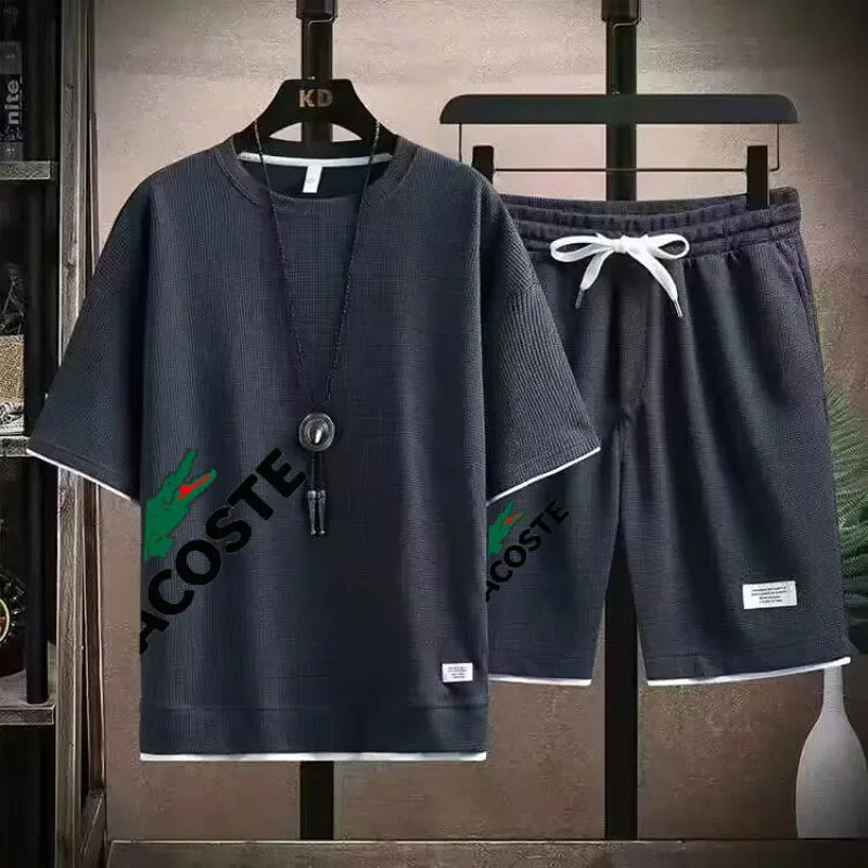2025 Waffle pattern 2-piece set, men's shorts set, sum | Ships from US