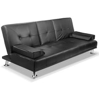 Black 3-seater PU leather sofa bed with clean lines, viewed from the front in a bright room.