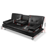 Close-up of black PU leather sofa bed armrest and stitching details.