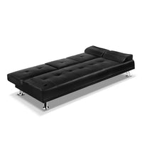 Side view of black 3-seater sofa bed showing folded-down middle backrest with cup holders.