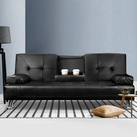 Black PU leather 3-seater sofa bed angled to show full length and sleek design.