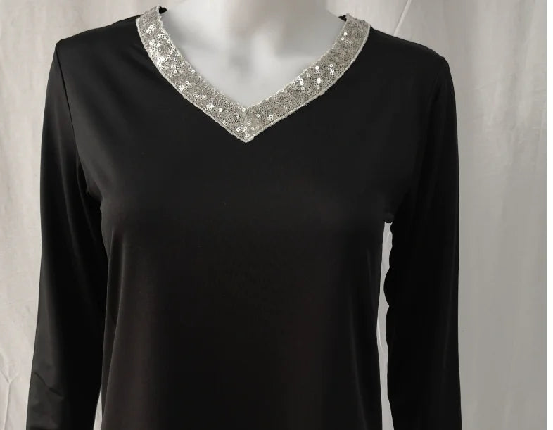 Plus Size Women's Sequin Long Sleeve V Neck T-shirt