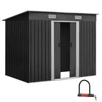 Metal outdoor garden shed with closed double doors in gray and blue color scheme.