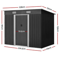 Side view of spacious metal garden shed showing ventilation panels and secure door locks.