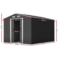 Side perspective of the metal garden shed showcasing the reinforced steel frame and ventilation vents.