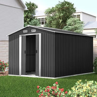 Roof detail of the metal shed emphasizing durability and design to withstand outdoor elements.